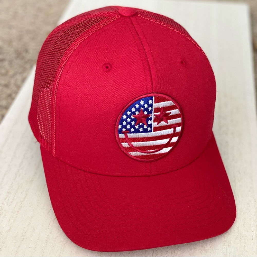 America Trucker Hat Custom patch American Flag Happy Face Red